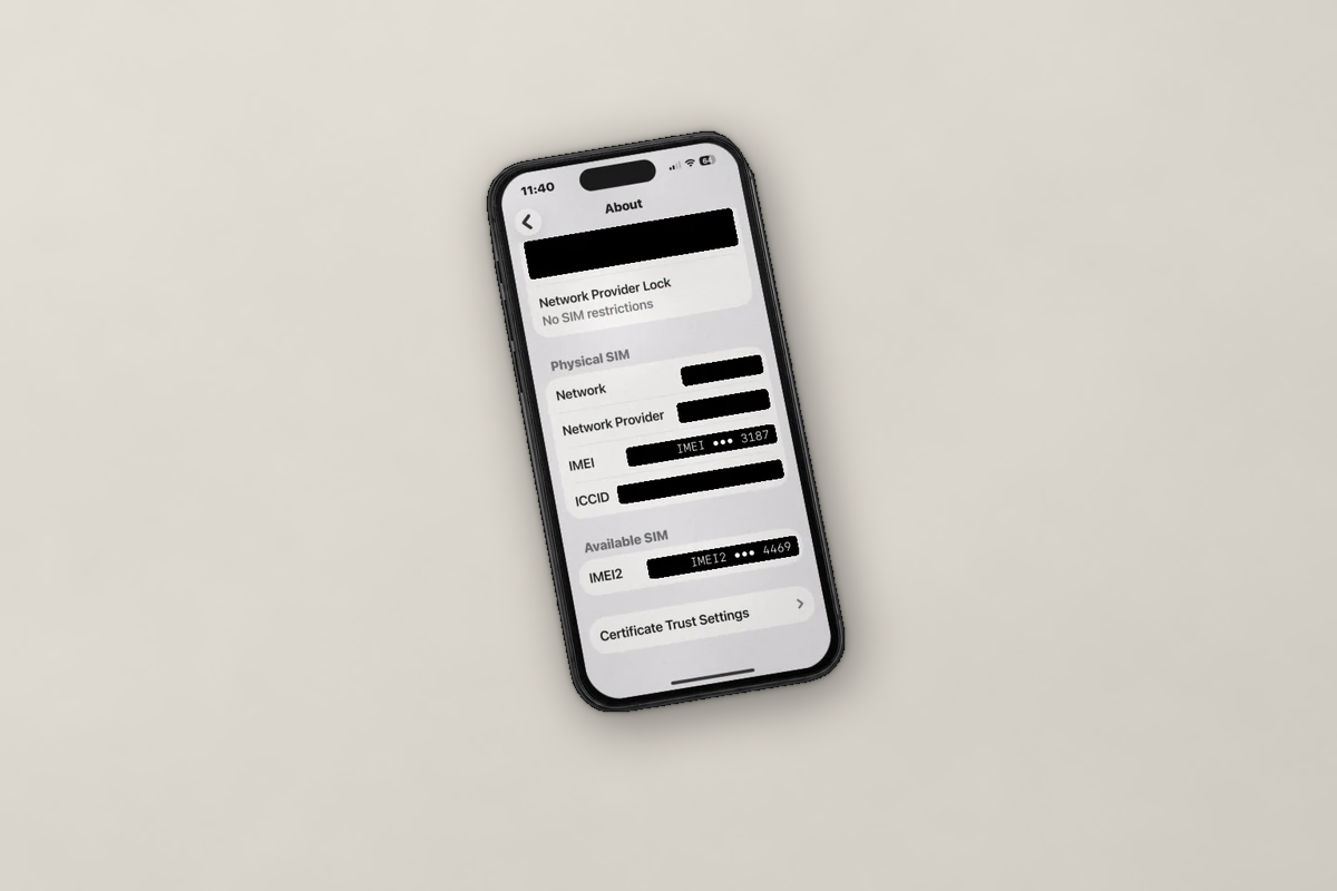 Frame from the certificate video: the phone in Settings, About